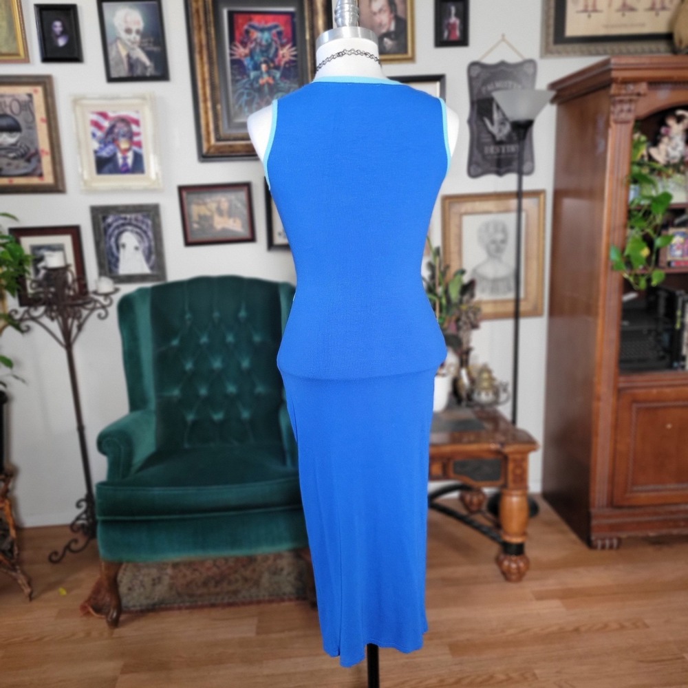 Oten Blue Maxi Dress Colorblock Cutout Small Ribbed Sleeveless Twist Front Slit - Picture 4 of 6